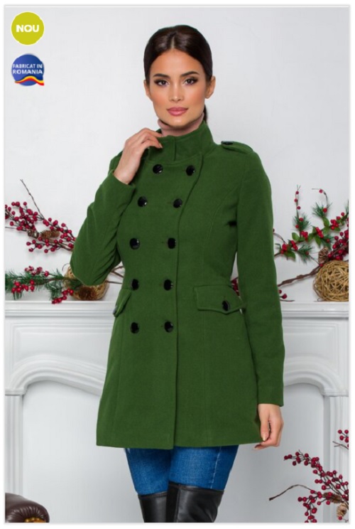 Palton dama scurt cambrat verde doua randuri de nasturi