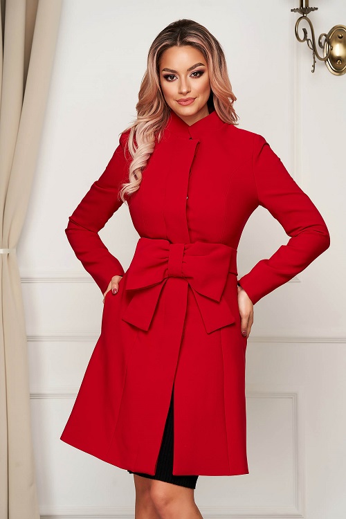 Palton dama artista rosu elegant in clos captusit cu fundita