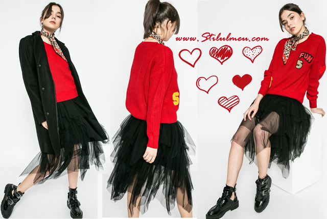 Piping style Expired Love Red Style, pulover rosu, fusta neagra din tulle, ghete negre