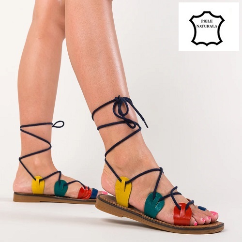 Sandale gladiator piele naturala colorata cu snur pe picior Misman Multi 2