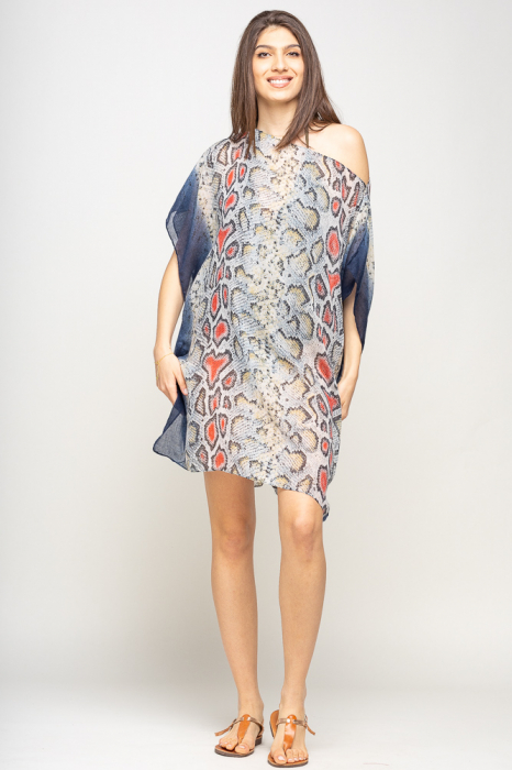 Rochie de plaja tip poncho cu model imitatie sarpe cu lateralele bleumarin