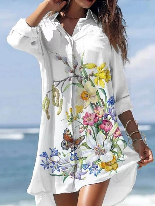 Rochie de vara plaja tip camasa cu maneca lunga Alba cu Print Floral Pret 159 RON, Comanda pe Manzara