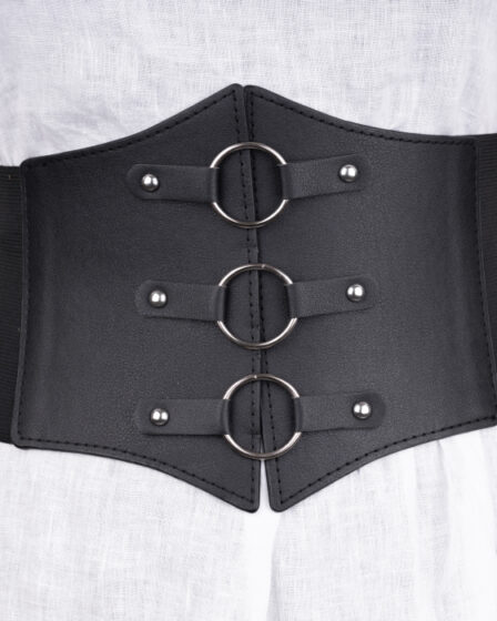 Centura corset lata din piele ecologica cu 3 inele metalice argintii si elastic la spate