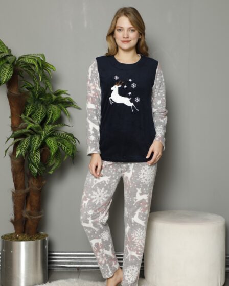 Pijamale dama din doua piese cu bluza cocolino si pantaloni lungi cu imprimeu ren PJD041
