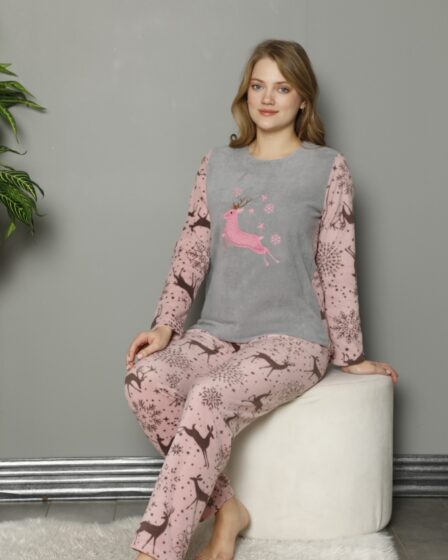 Pijamale dama gri din doua piese cu bluza cocolino si pantaloni lungi cu imprimeu ren PJD041